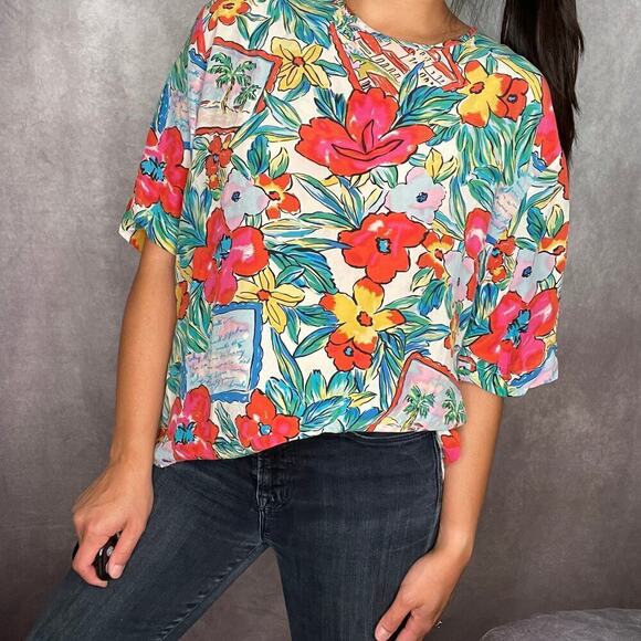 Vintage SILK Robbie Bee Postcard Tropical Floral Shirt Womens M/L Aloha Relaxed - Picture 1 of 8